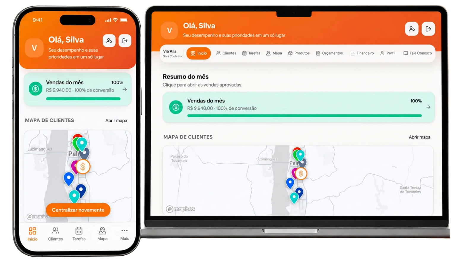 Mapa de Clientes: telas reais do dashboard em um celular e um notebook, com vendas do mês e mapa de clientes